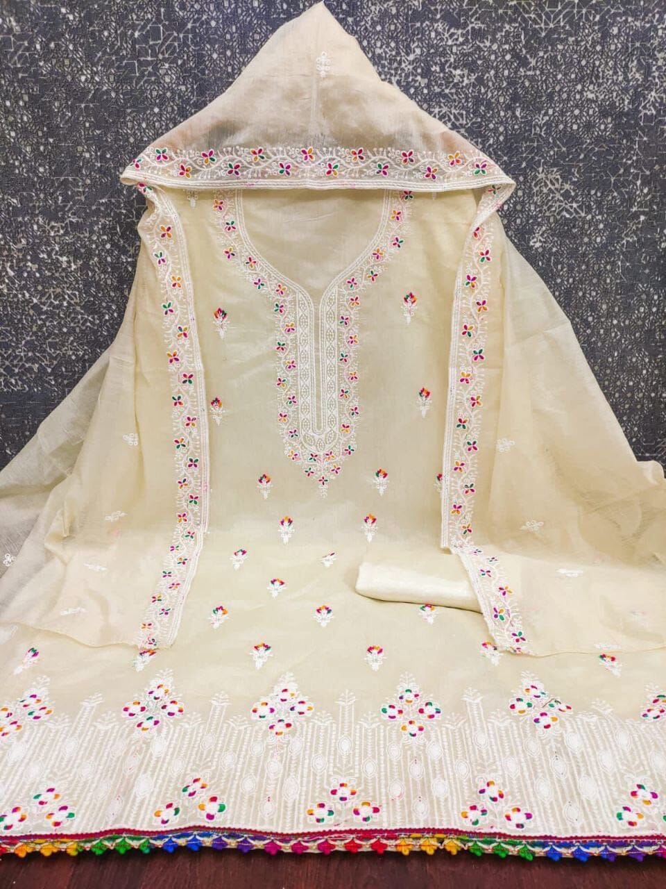 Cream Heavy Chanderi Neck Embroidery Dress Material Dress Material Shopin Di Apparels 