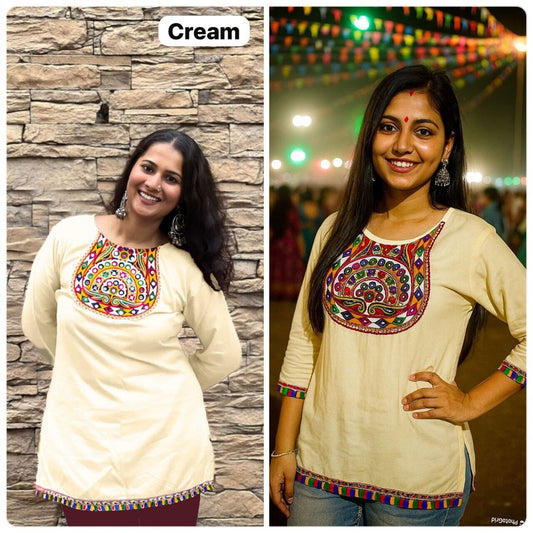 Cream Heavy Rayon Short Top With Gamthi Lace and mirror work Western Top Shopin Di Apparels 