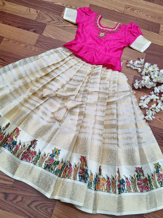 Cream Pink Kota Doriya Silk Kid's Lehenga Festival Wear Pavadai Sattai Kid's Lehenga Shopindiapparels.com 