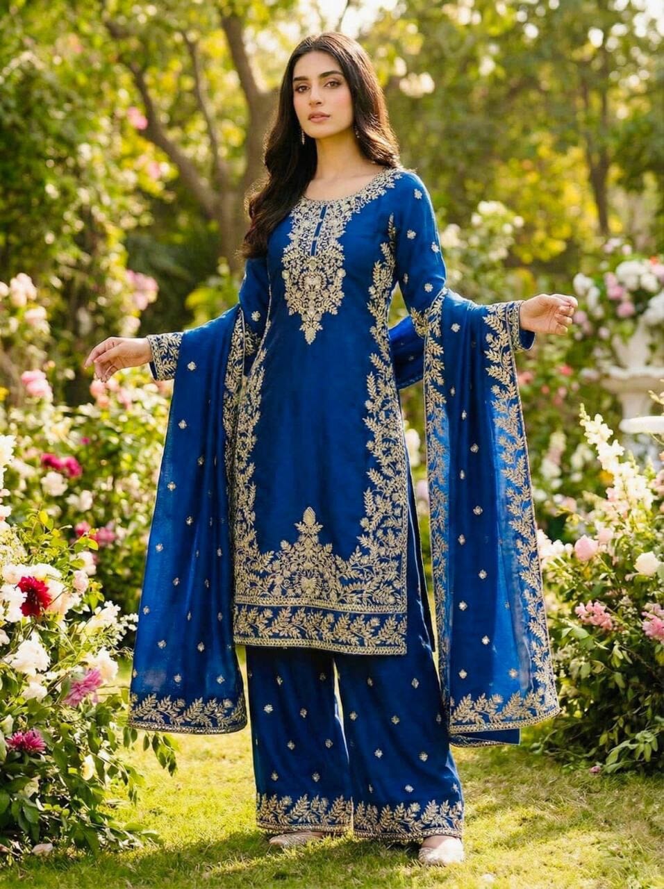 Dark Blue Heavy Embroidery Sequence Work Palazzo Designer Suit Ready to Wear Designer Suits Shopin Di Apparels 