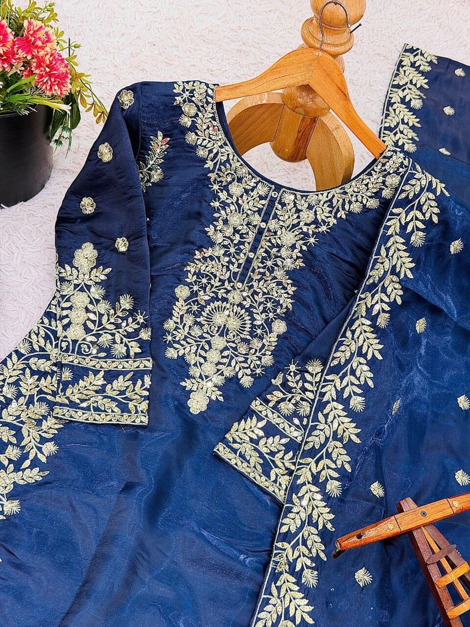 Dark Blue Heavy Embroidery Sequence Work Palazzo Designer Suit Ready to Wear Designer Suits Shopin Di Apparels 
