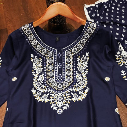 Dark Blue Heavy Rayon Straight Mirror Work Kurti with Dupatta and Pant Ready Made Designer Suits Shopin Di Apparels 
