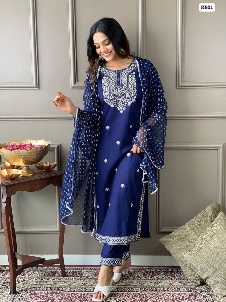 Dark Blue Heavy Rayon Straight Mirror Work Kurti with Dupatta and Pant Ready Made Designer Suits Shopin Di Apparels 