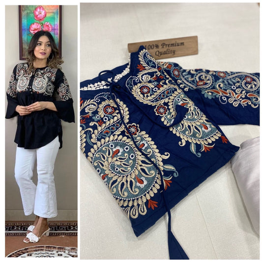 Dark Blue Pure Rayon cotton with Embroidery Work in Neck Short Top Western Top Shopin Di Apparels 