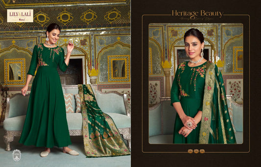 Dark Green Designer Bemberg Silk Gown With Jacquard Dupatta Gown with Dupatta Lily and Lali 
