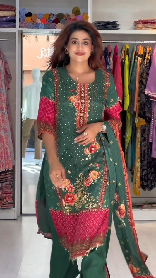 Dark Green Floral Print Mirror Work Chinon Plus Size Pakistani Designer Suit Ready to Wear Designer Suits Shopin Di Apparels 