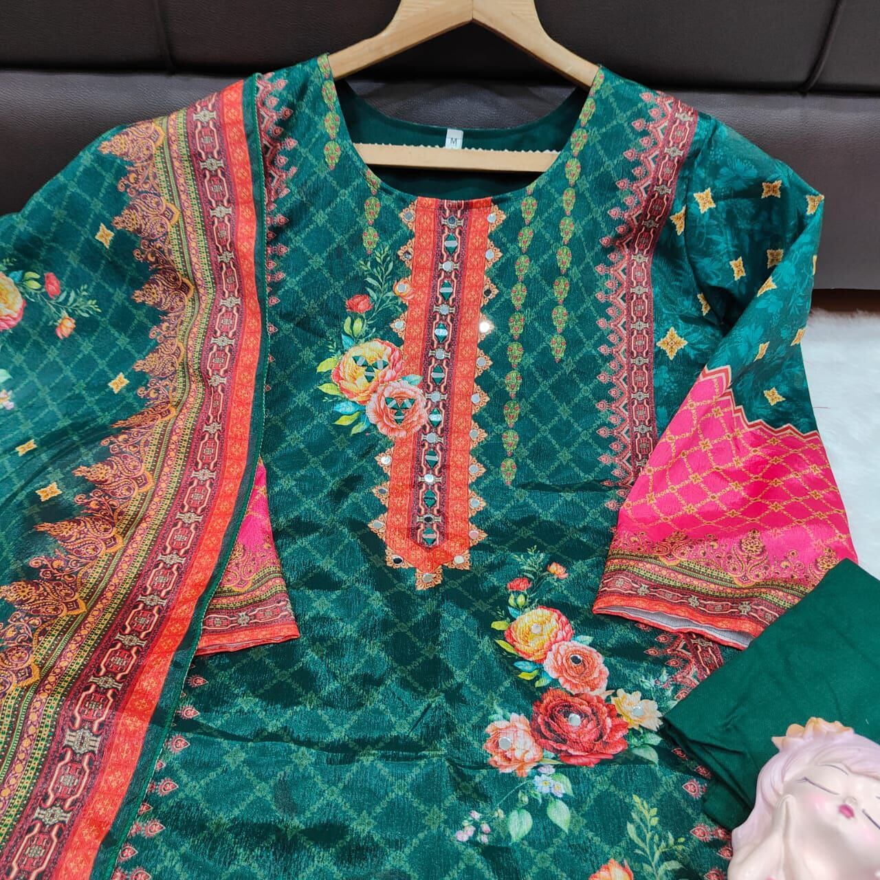 Dark Green Floral Print Mirror Work Chinon Plus Size Pakistani Designer Suit Ready to Wear Designer Suits Shopin Di Apparels 