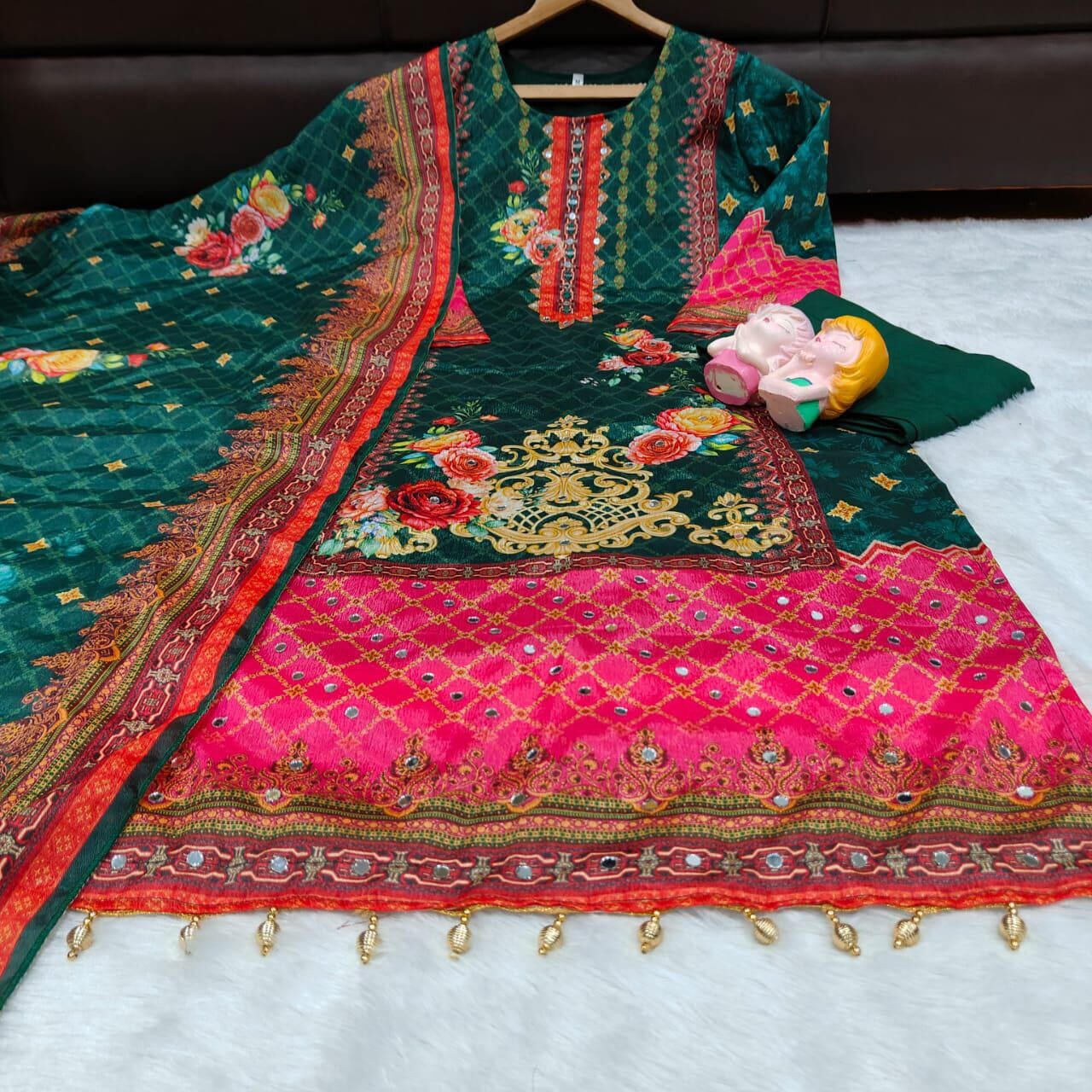 Dark Green Floral Print Mirror Work Chinon Plus Size Pakistani Designer Suit Ready to Wear Designer Suits Shopin Di Apparels 