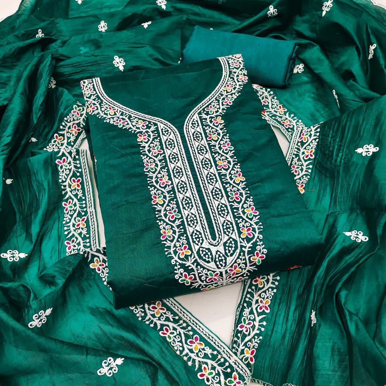 Dark Green Heavy Chanderi Neck Embroidery Dress Material Dress Material Shopin Di Apparels 