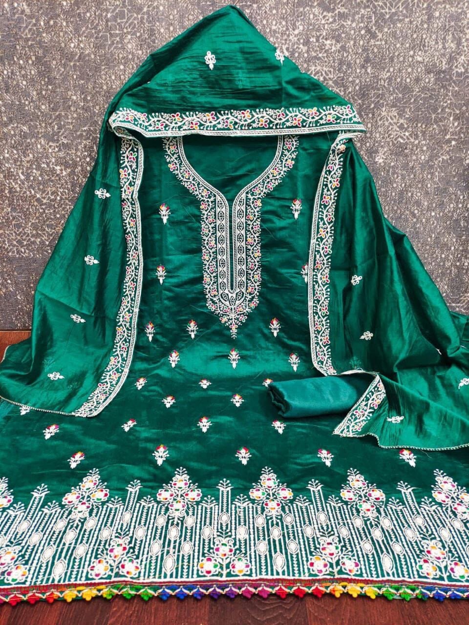 Dark Green Heavy Chanderi Neck Embroidery Dress Material Dress Material Shopin Di Apparels 