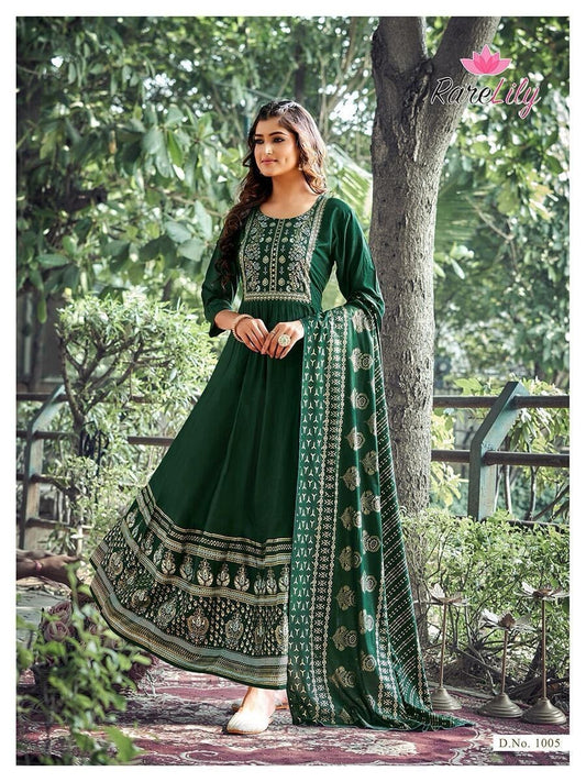 Dark Green Heavy Rayon Foil Printed Long Gown Kurti with Dupatta Gown with Dupatta Shopin Di Apparels 
