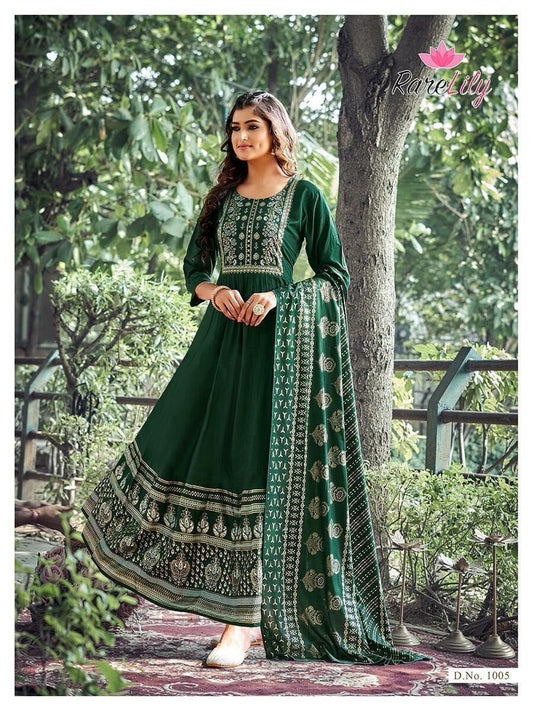 Dark Green Heavy Rayon Foil Printed Long Gown Kurti with Dupatta Gown with Dupatta Shopin Di Apparels
