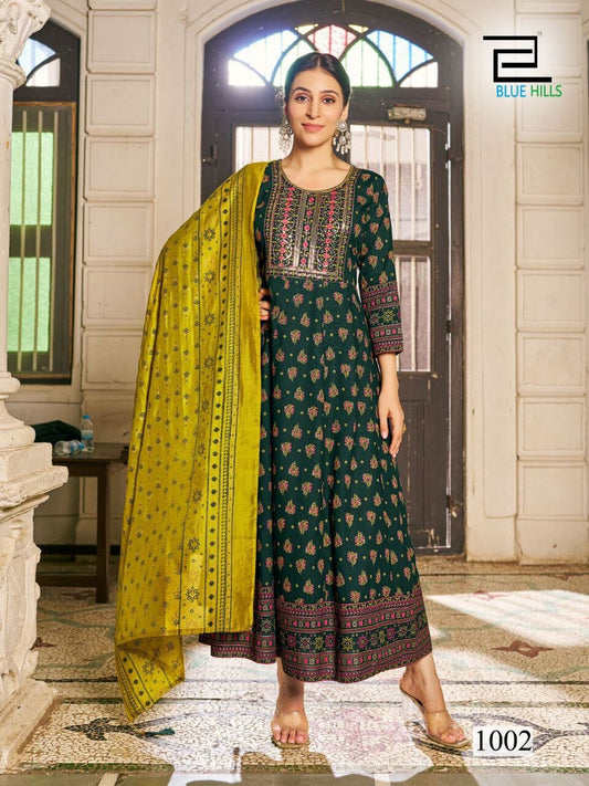 Dark Green Long Gown with Dupatta concept & Multi Color Combination Print and Embroidery Work Gown with Dupatta Shopin Di Apparels