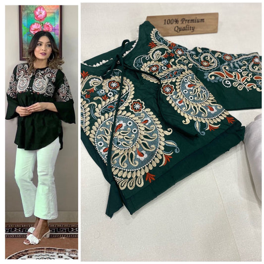 Dark Green Pure Rayon cotton with Embroidery Work in Neck Short Top Western Top Shopin Di Apparels 