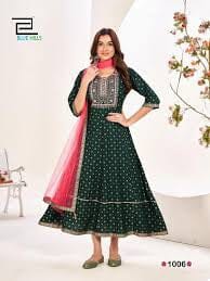 Dark Green Rayon Anarkali Embroidered Kurti with Net Dupatta Gown with Dupatta Shopin Di Apparels 