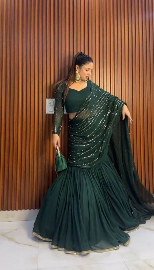 Dark Green Ready to Wear Lehenga Saree Ready to Wear Saree Shopin Di Apparels 