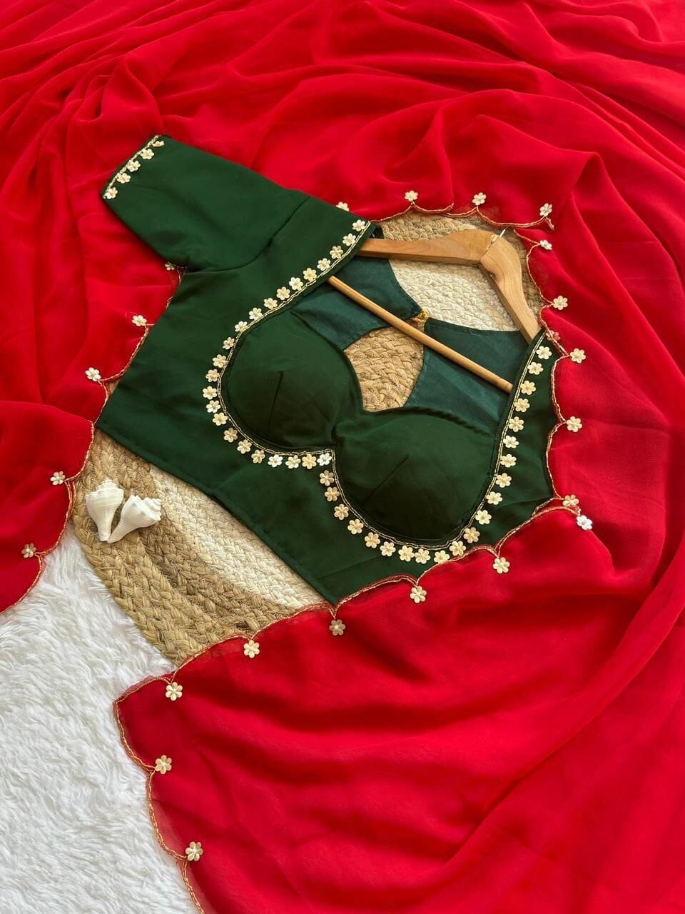Dark Green Sabhyasachi Designer Madhubala Readymade Blouse with Red Georgette Handworked Saree Readymade Blouse Shopin Di Apparels 