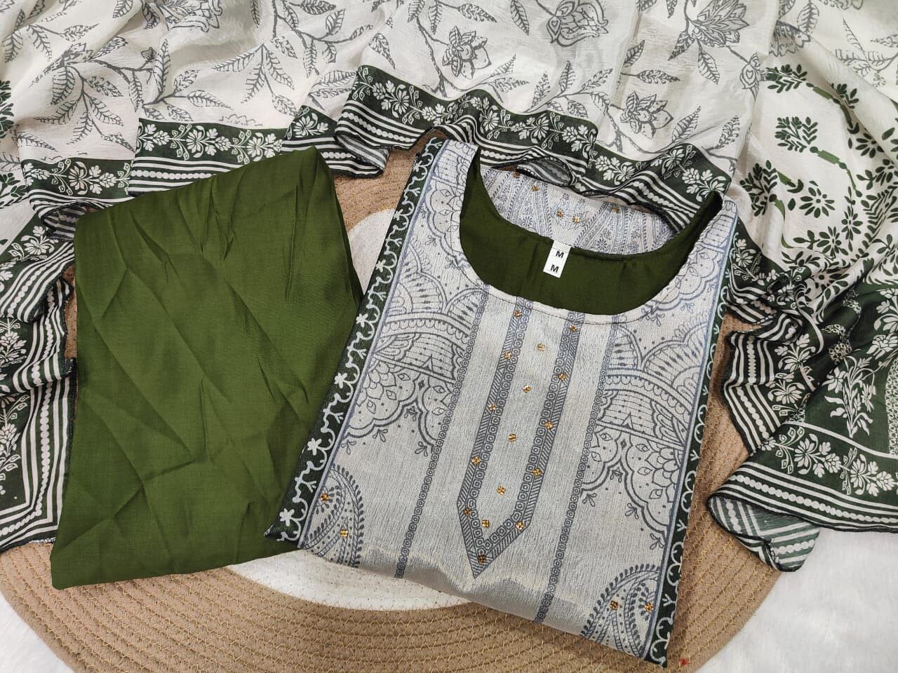 Dark Green Sequence Diamond Work Printed Stylish Trending Designer Suit Ready to Wear Designer Suits Shopin Di Apparels 