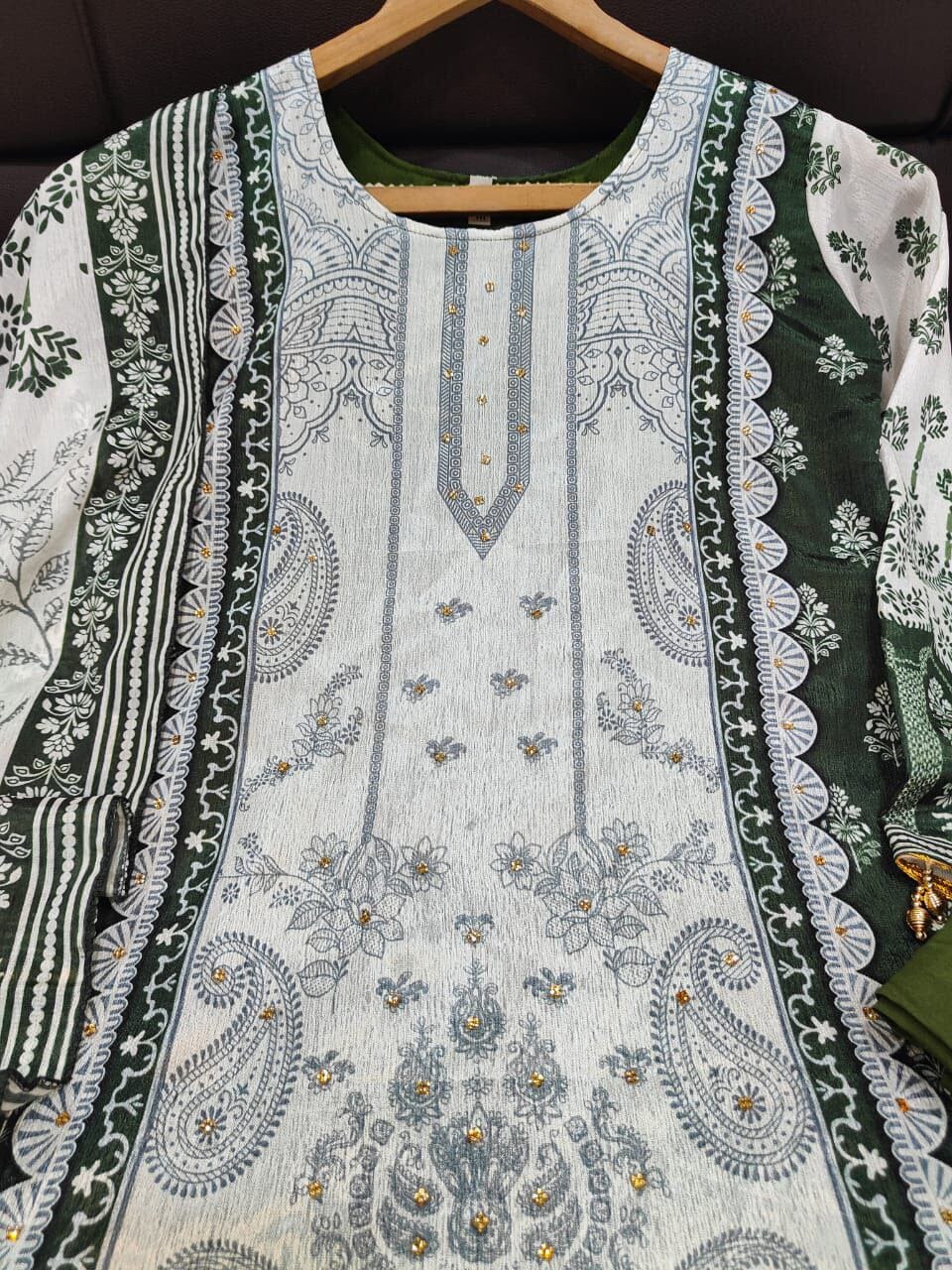 Dark Green Sequence Diamond Work Printed Stylish Trending Designer Suit Ready to Wear Designer Suits Shopin Di Apparels 