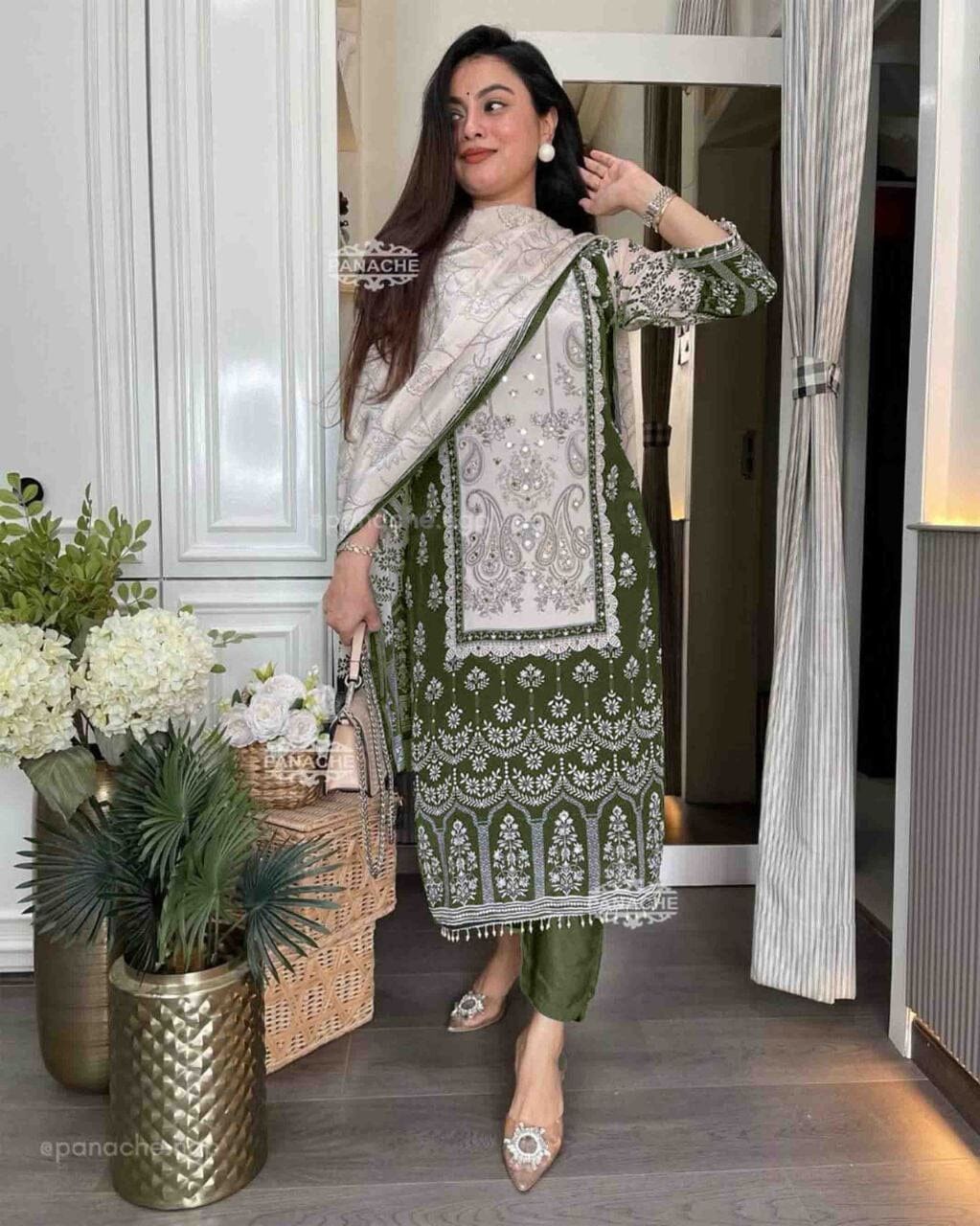 Dark Green Sequence Diamond Work Printed Stylish Trending Designer Suit Ready to Wear Designer Suits Shopin Di Apparels 