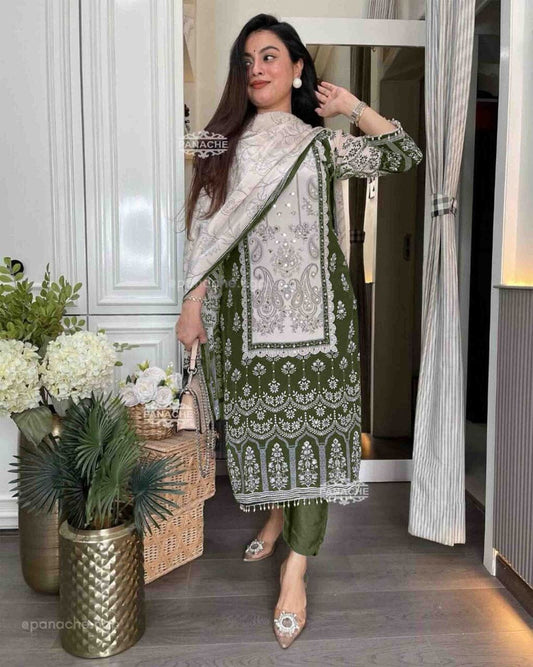 Dark Green Sequence Diamond Work Printed Stylish Trending Designer Suit Ready to Wear Designer Suits Shopin Di Apparels 