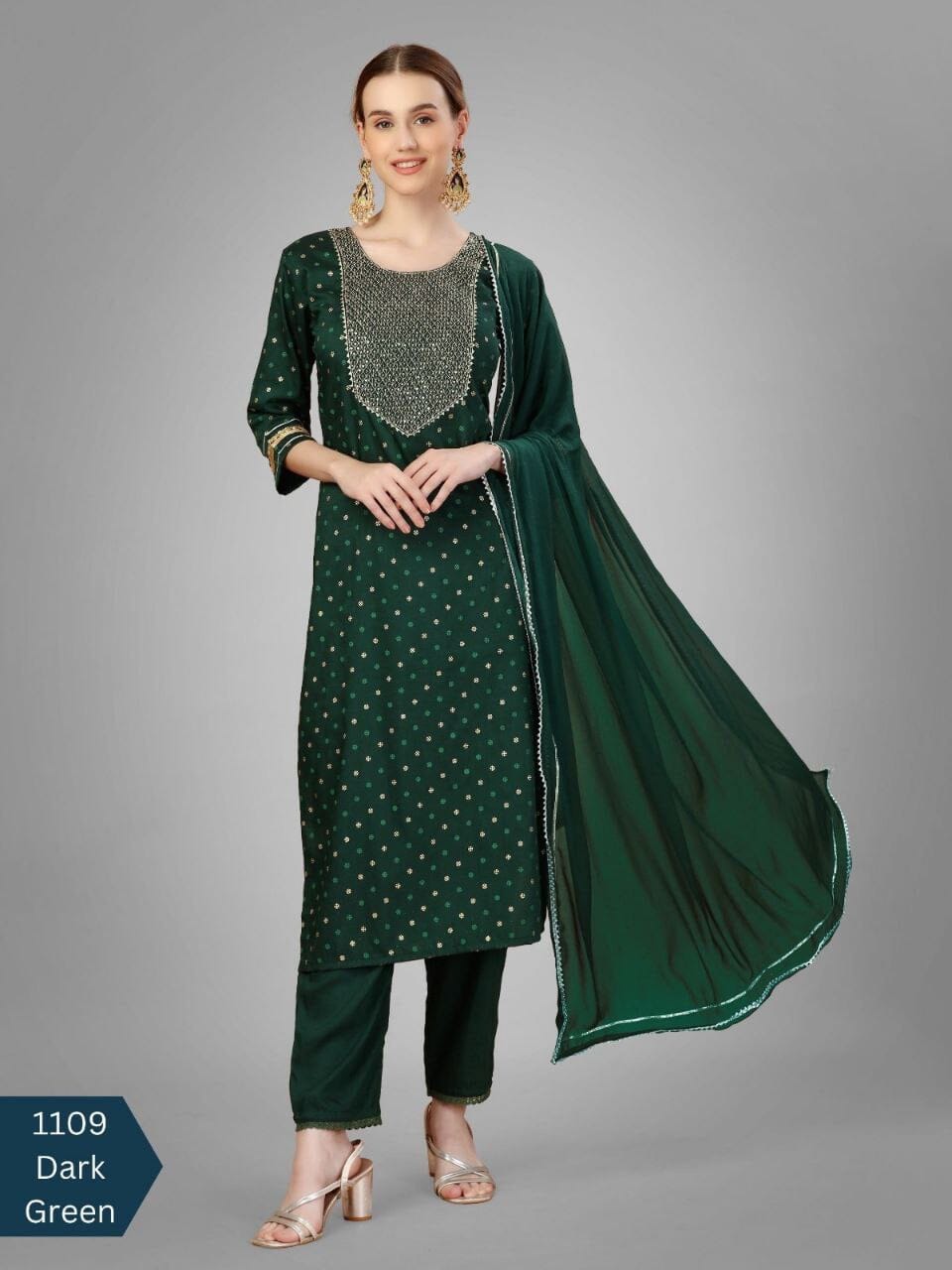 Dark Green Silk Blend Sequence Embroidered Designer Kurti with Dupatta and Bottom Kurti with Dupatta and Bottom Shopin Di Apparels 