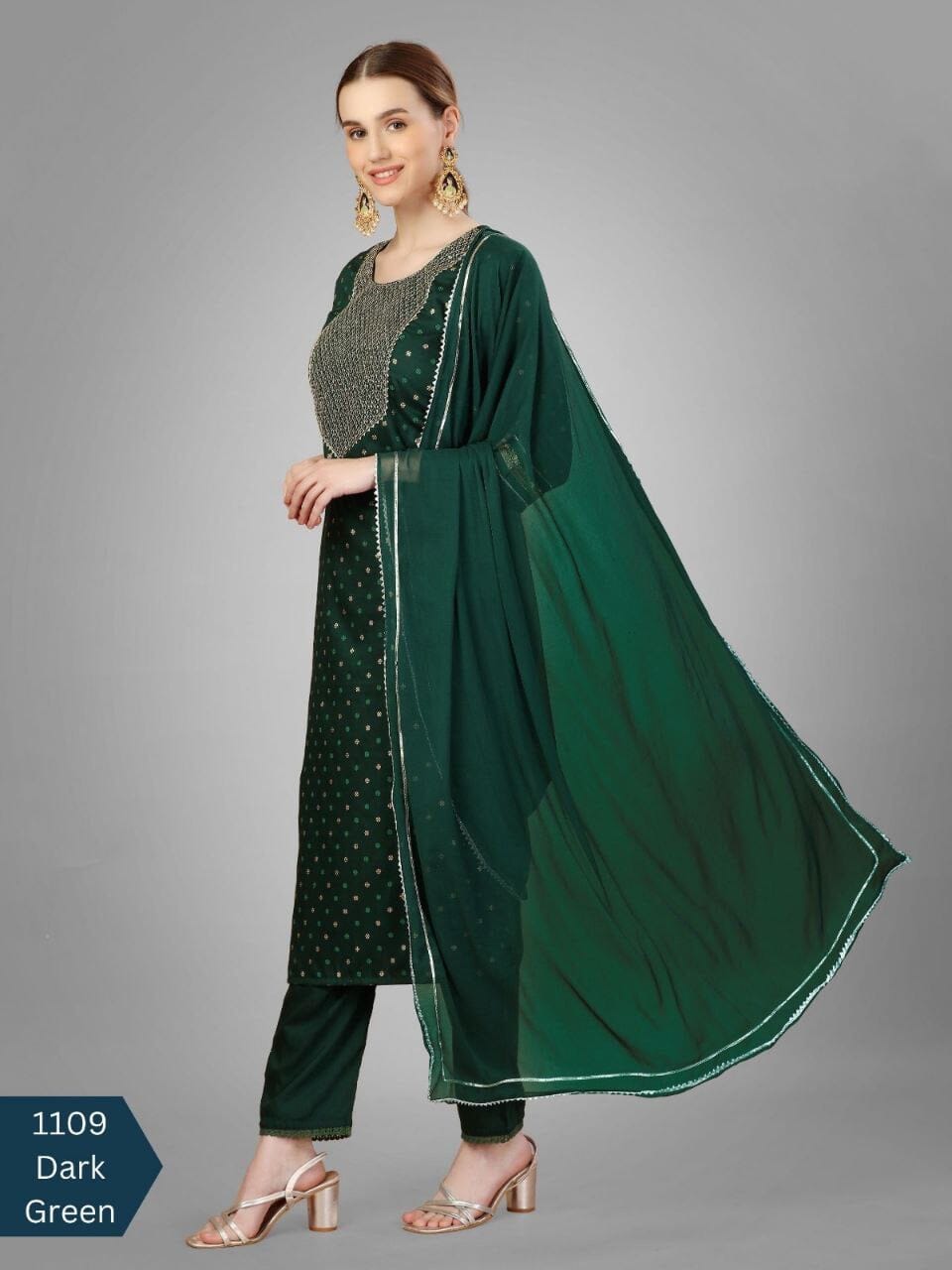 Dark Green Silk Blend Sequence Embroidered Designer Kurti with Dupatta and Bottom Kurti with Dupatta and Bottom Shopin Di Apparels 