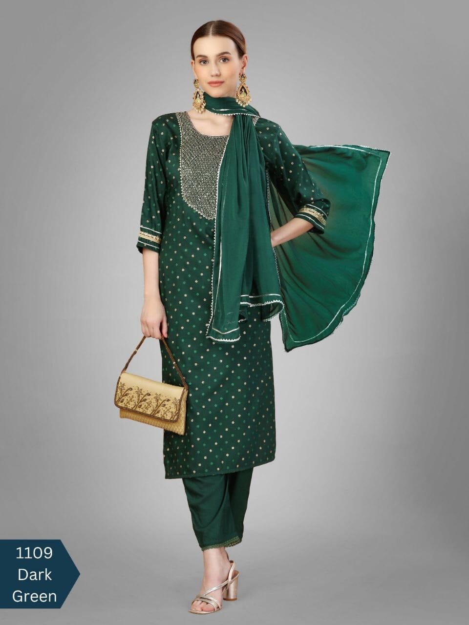 Dark Green Silk Blend Sequence Embroidered Designer Kurti with Dupatta and Bottom Kurti with Dupatta and Bottom Shopin Di Apparels 