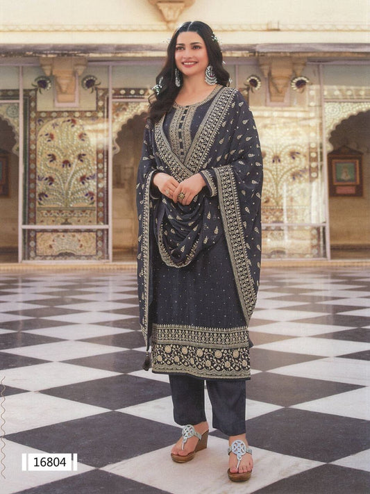Dark Grey Heavy Dola Silk Designer Salwar Kameez Straight Cut Suit Designer Suits Vinay 