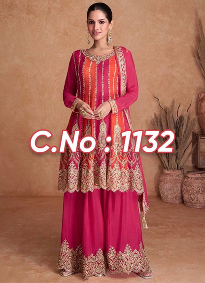 Dark pink and Orange Chinnon Embroidered Babydoll Designer Suit Ready Made Designer Suits Shopin Di Apparels 