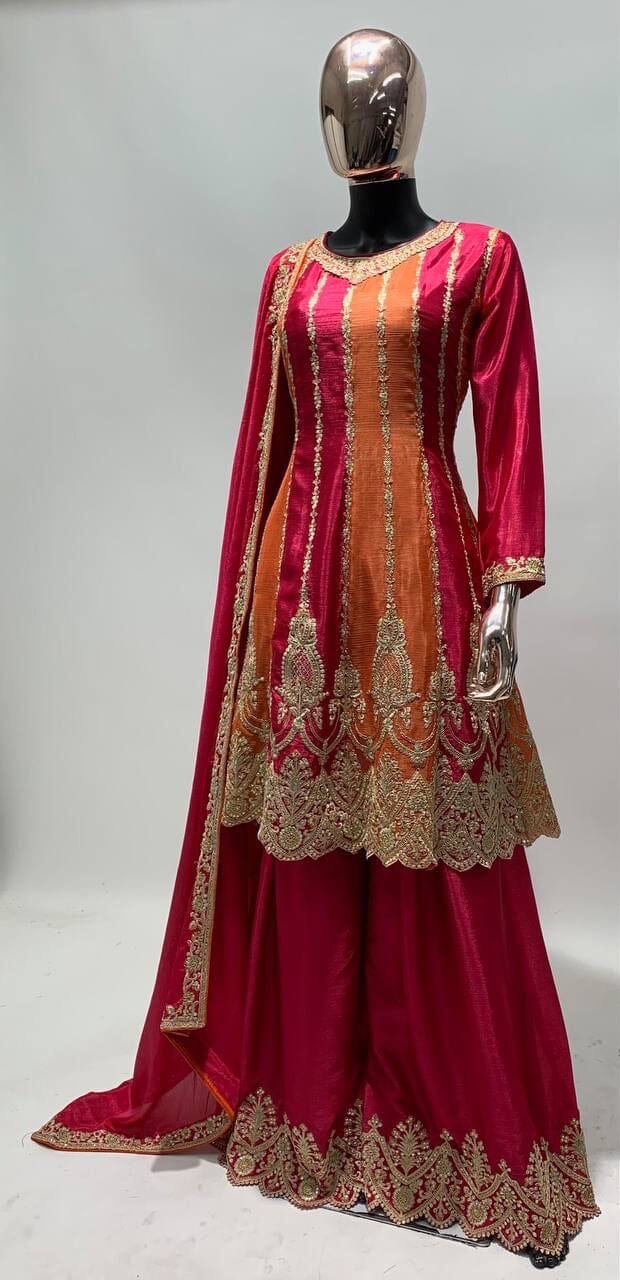 Dark pink and Orange Chinnon Embroidered Babydoll Designer Suit Ready Made Designer Suits Shopin Di Apparels 
