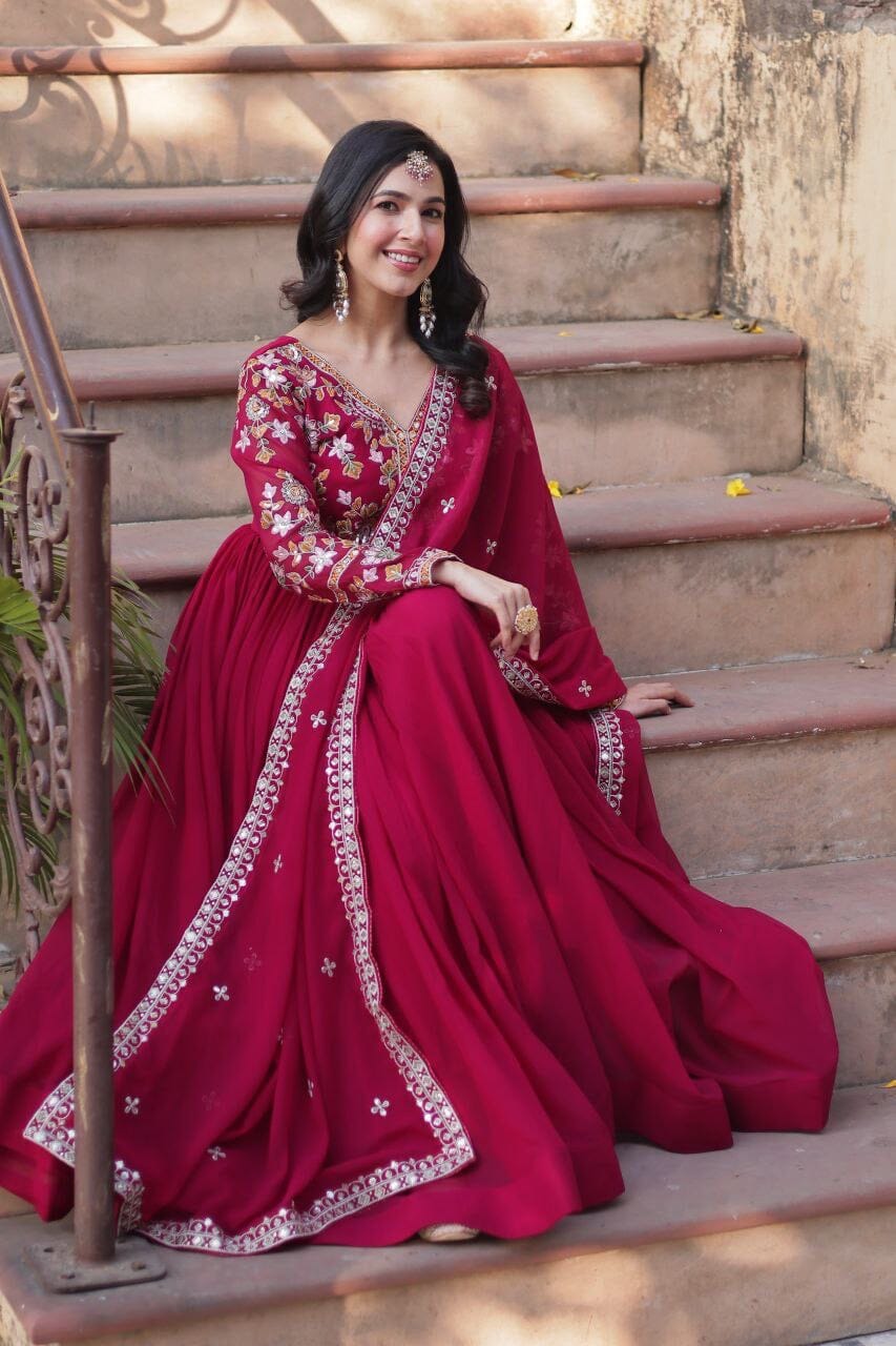 Dark Pink Blooming Georgette Zari Work Designer Gown with Dupatta Gown with Dupatta Shopin Di Apparels 