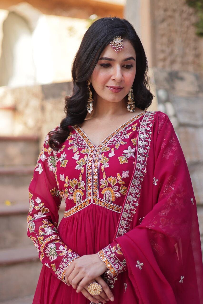 Dark Pink Blooming Georgette Zari Work Designer Gown with Dupatta Gown with Dupatta Shopin Di Apparels 