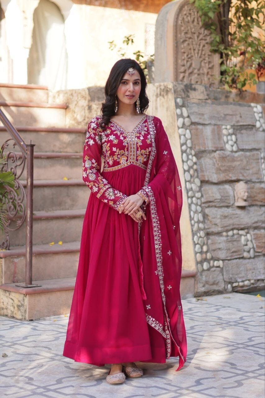 Dark Pink Blooming Georgette Zari Work Designer Gown with Dupatta Gown with Dupatta Shopin Di Apparels 