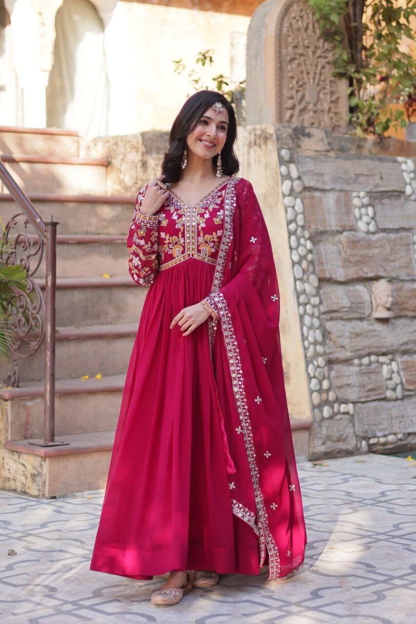 Dark Pink Blooming Georgette Zari Work Designer Gown with Dupatta Gown with Dupatta Shopin Di Apparels 