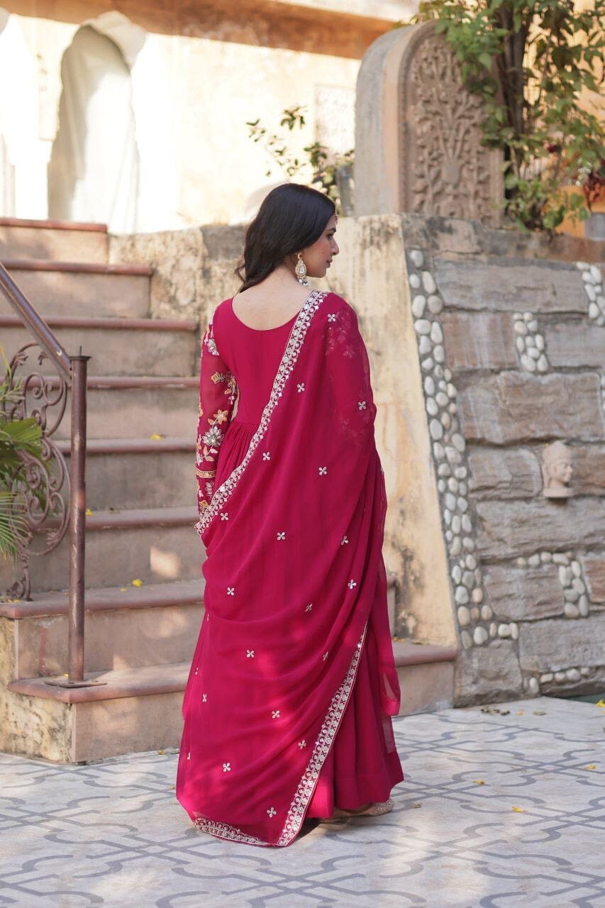 Dark Pink Blooming Georgette Zari Work Designer Gown with Dupatta Gown with Dupatta Shopin Di Apparels 