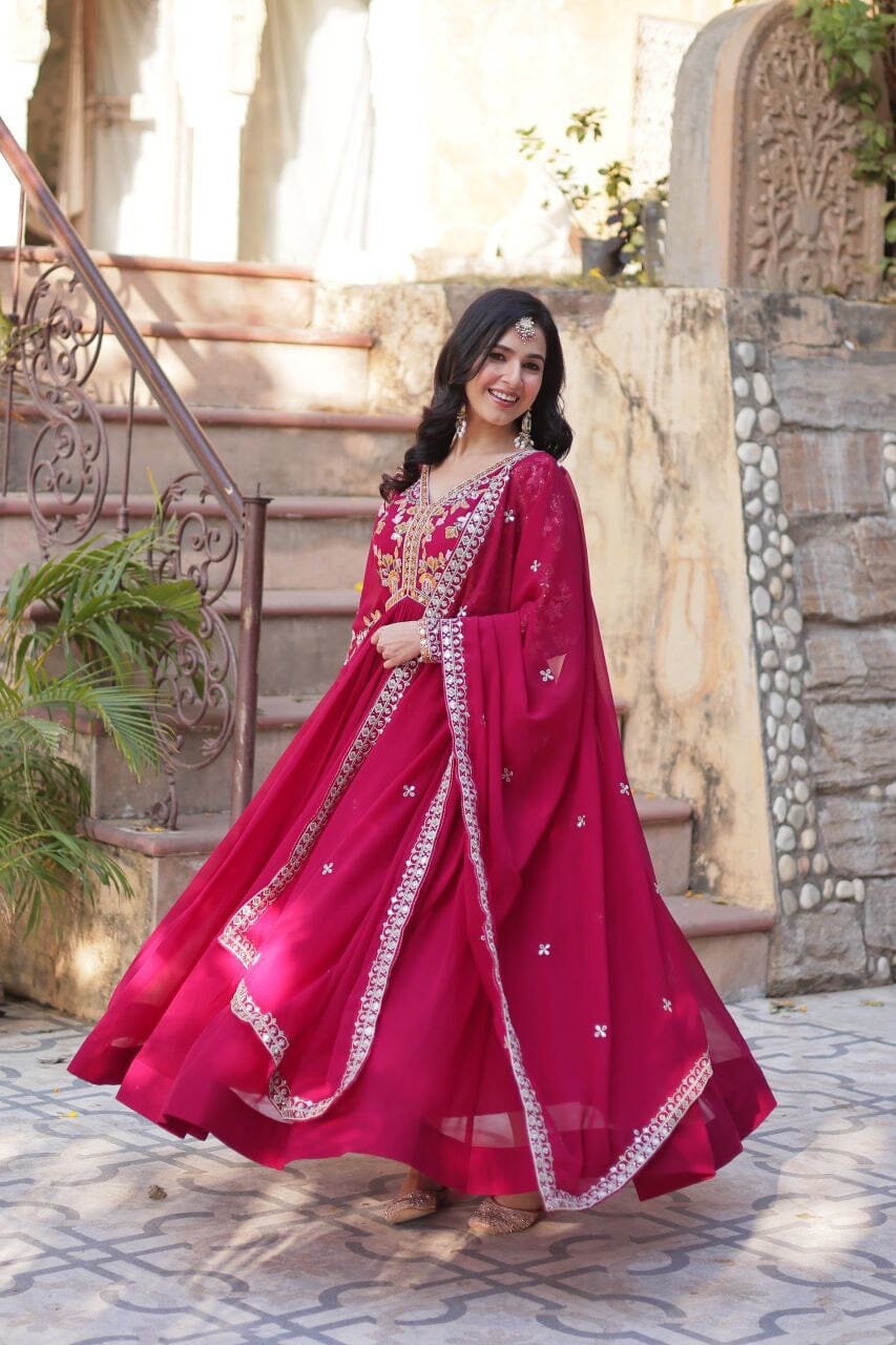 Dark Pink Blooming Georgette Zari Work Designer Gown with Dupatta Gown with Dupatta Shopin Di Apparels 