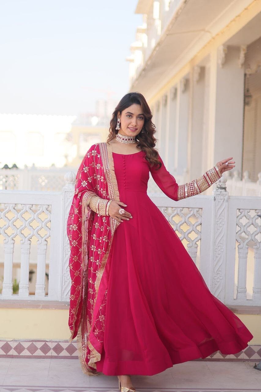 Dark Pink Faux Georgette Anarkali Gown with Sequence work Dupatta Gown with Dupatta Shopin Di Apparels 