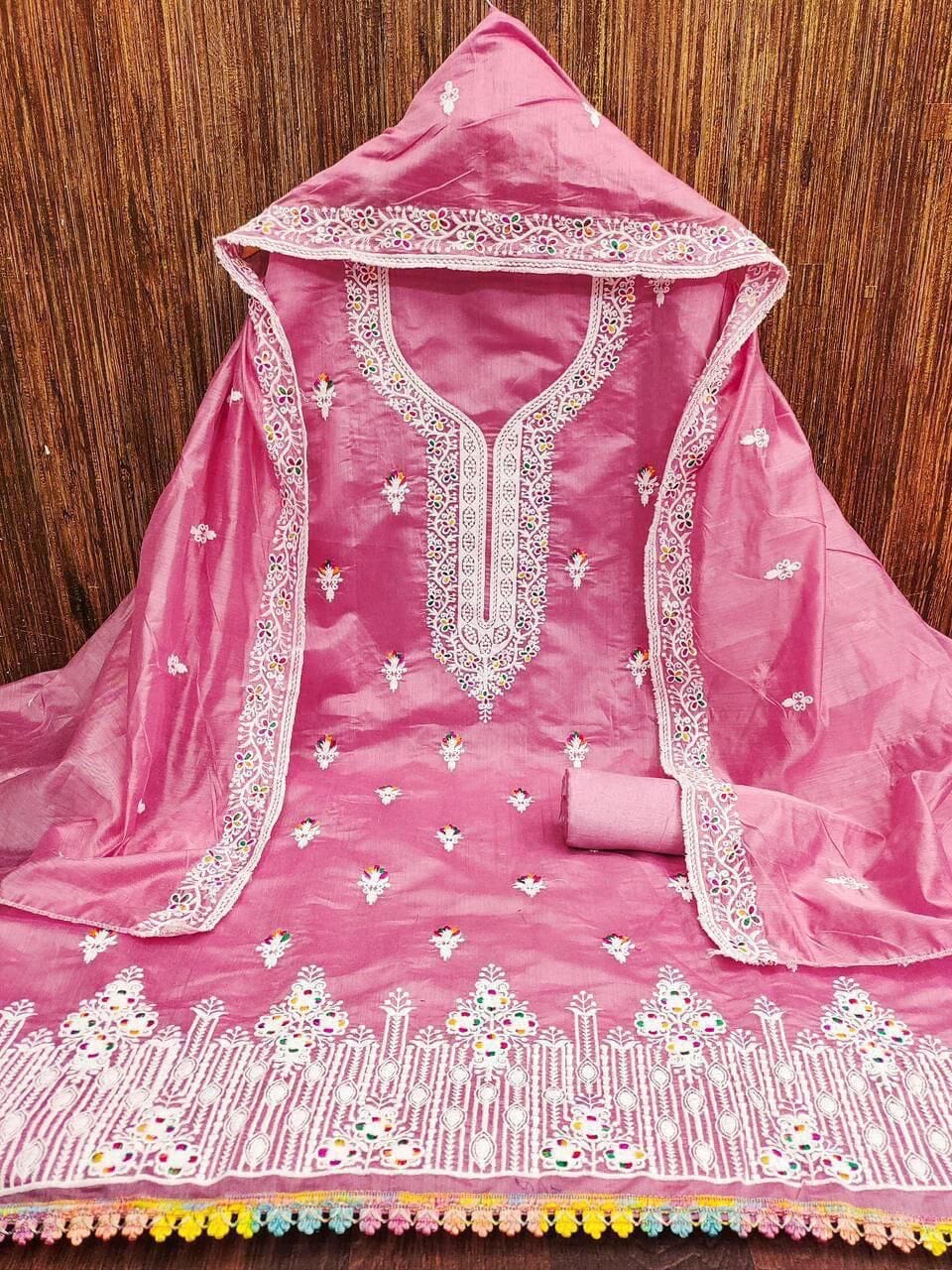 Dark Pink Heavy Chanderi Neck Embroidery Dress Material Dress Material Shopin Di Apparels 
