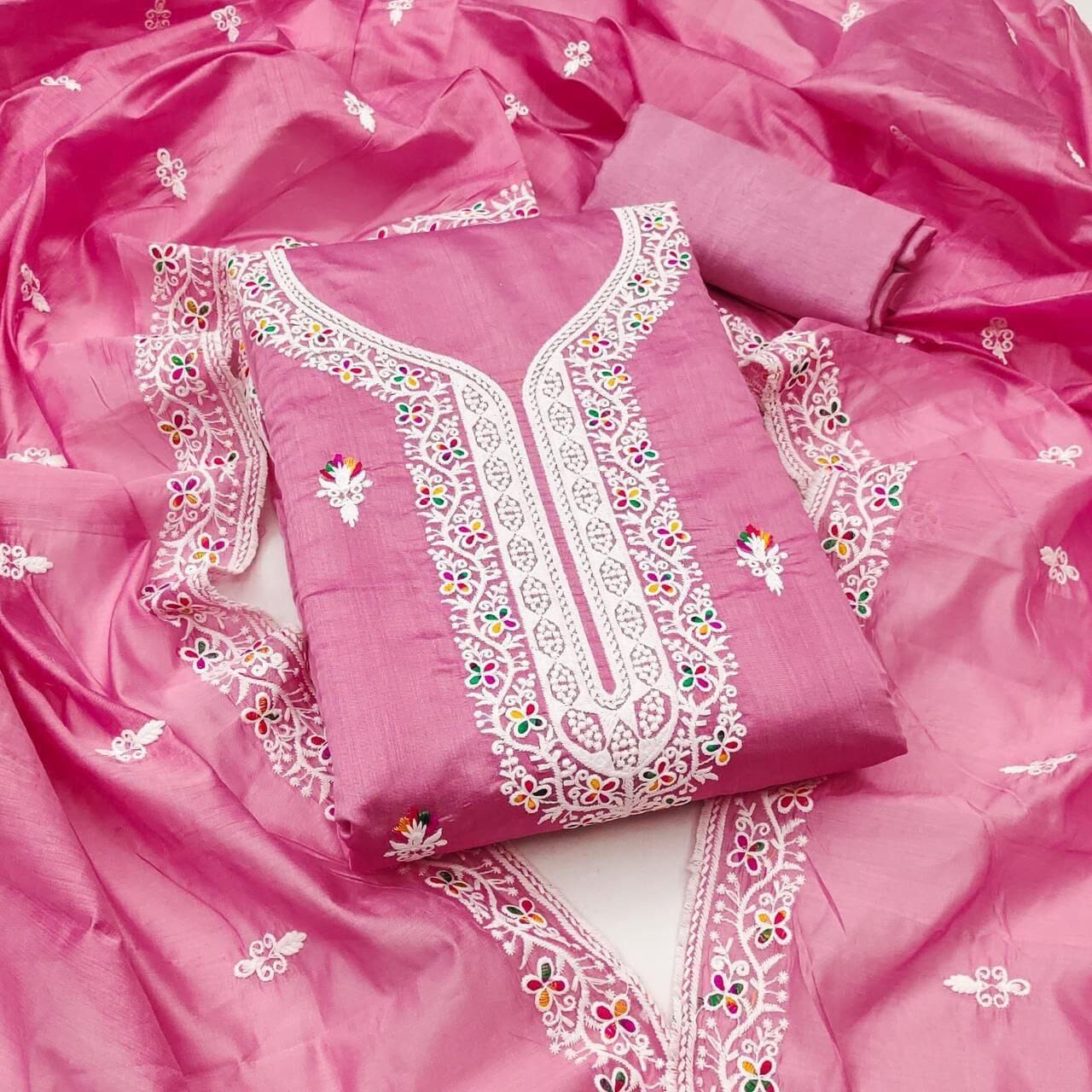 Dark Pink Heavy Chanderi Neck Embroidery Dress Material Dress Material Shopin Di Apparels 