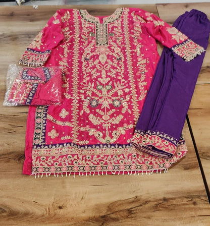 Dark Pink Red Chinnon Silk Jari Sequence & Coding Embroidered Designer Pakistani Plazzo Suit Designer Suits Shopin Di Apparels 