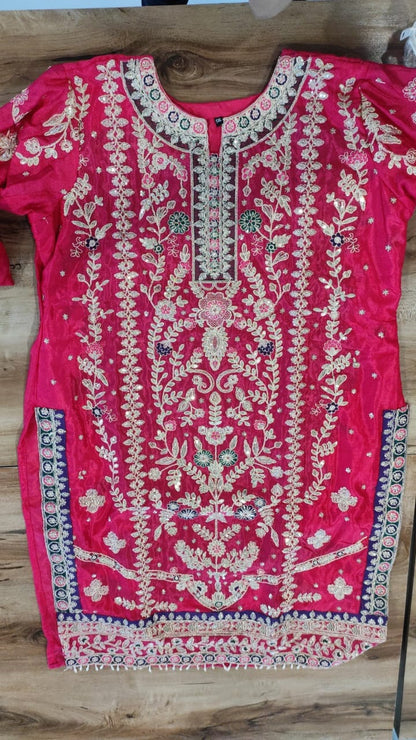 Dark Pink Red Chinnon Silk Jari Sequence & Coding Embroidered Designer Pakistani Plazzo Suit Designer Suits Shopin Di Apparels 