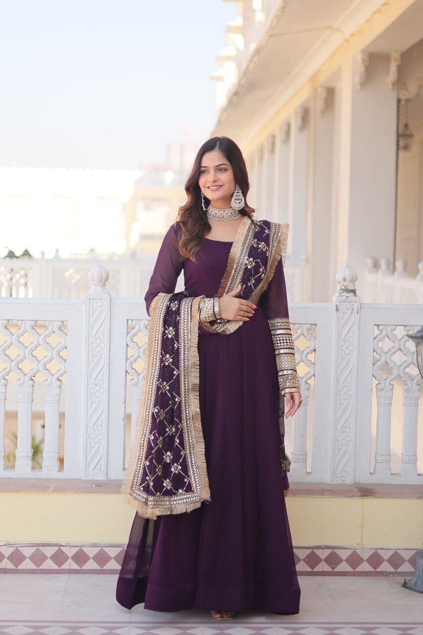 Dark Purple Faux Georgette Anarkali Gown with Sequence work Dupatta Gown with Dupatta Shopin Di Apparels 