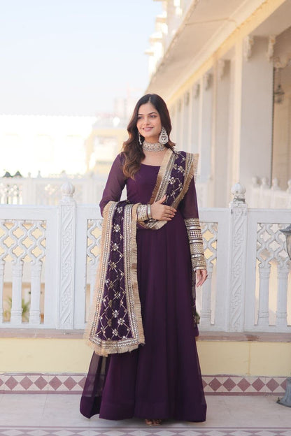 Dark Purple Faux Georgette Anarkali Gown with Sequence work Dupatta Gown with Dupatta Shopin Di Apparels 