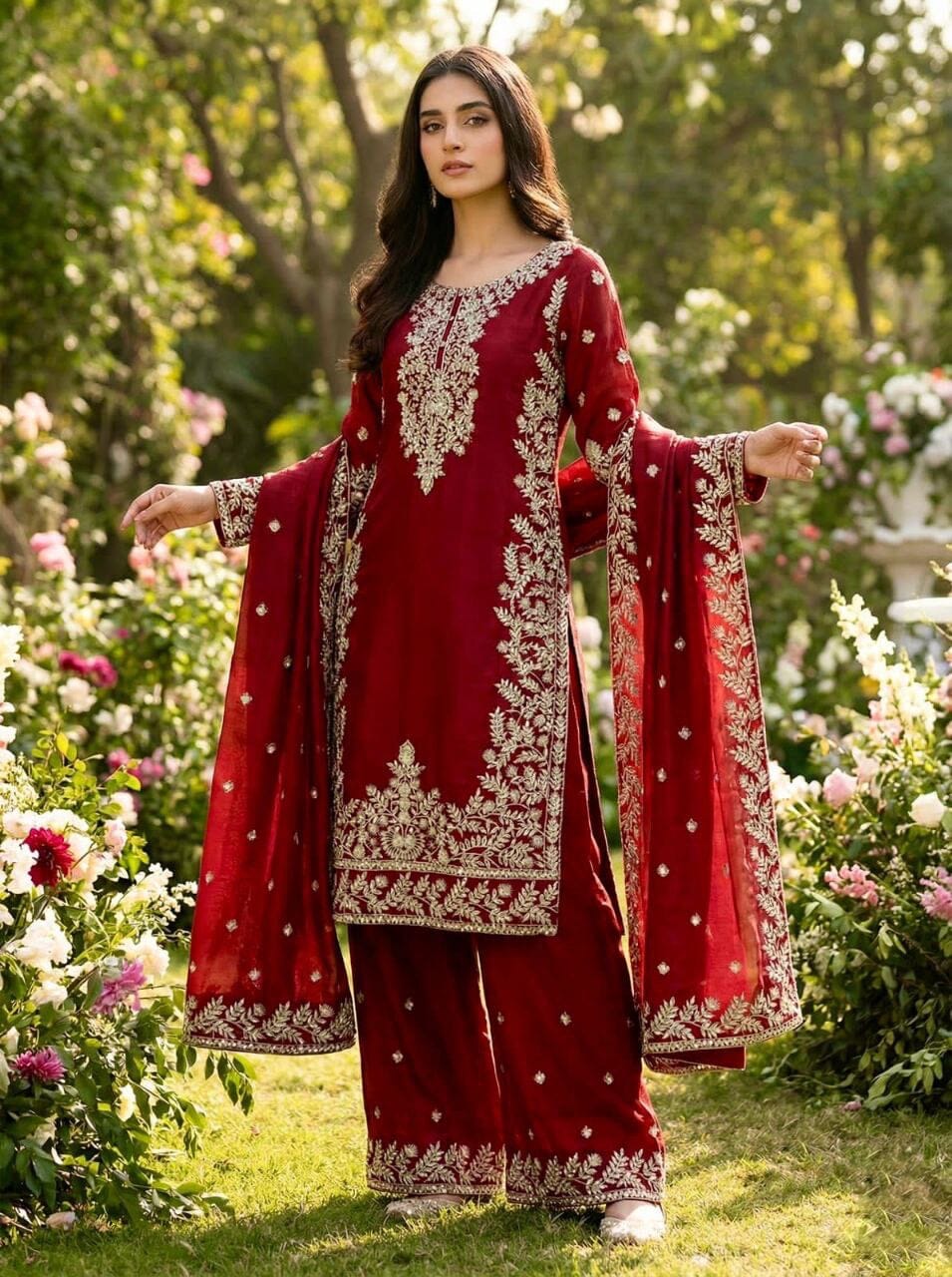 Dark Red Heavy Embroidery Sequence Work Palazzo Designer Suit Ready to Wear Designer Suits Shopin Di Apparels 