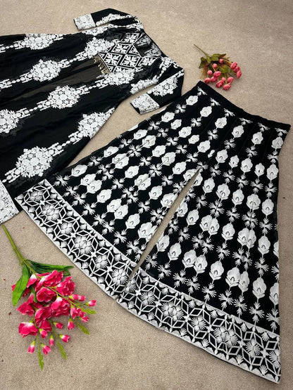 Designer Black White Combo Heavy Embroidered Palazzo Shrug Suit Ready Made Designer Suits Shopin Di Apparels 