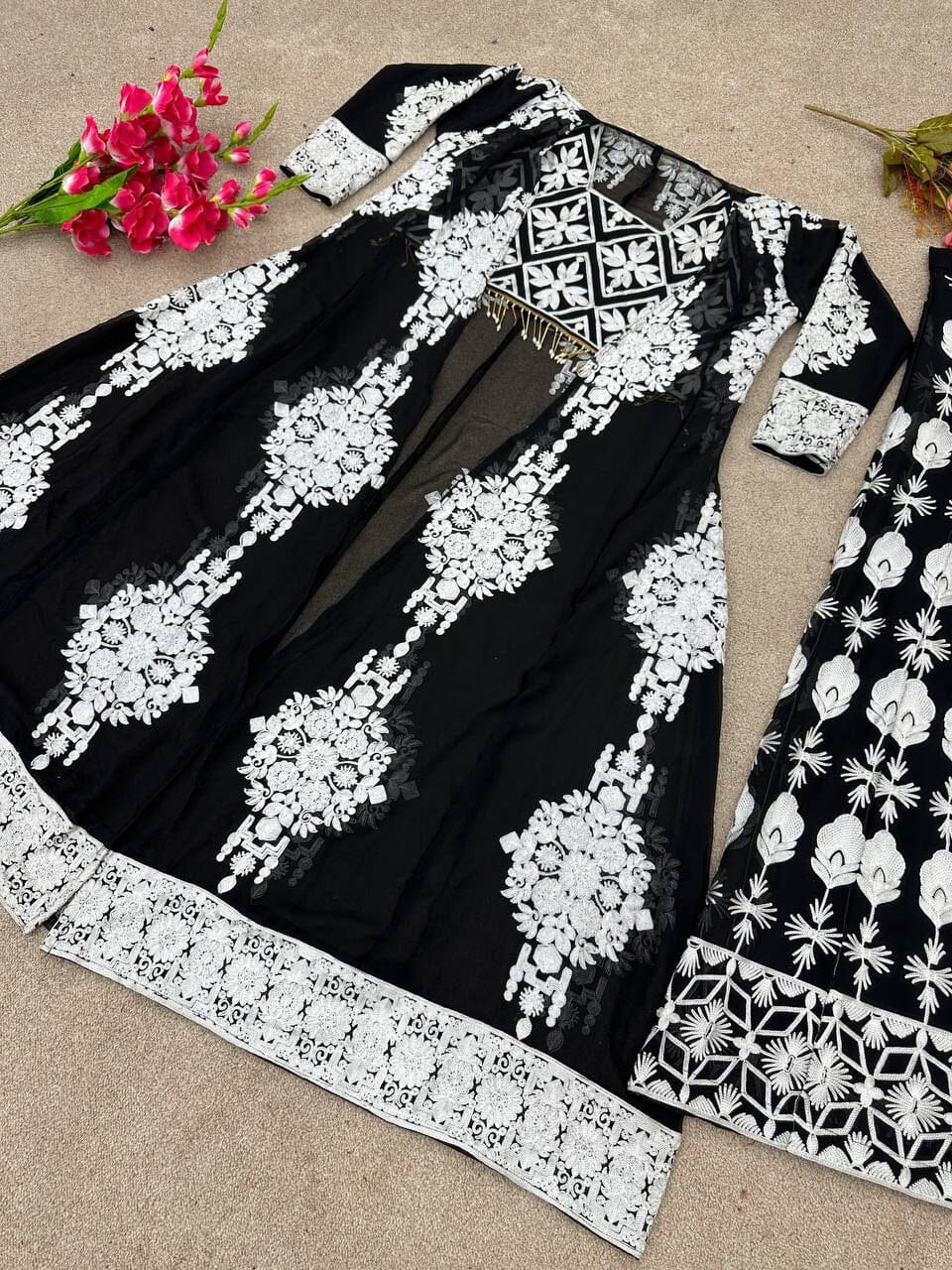 Designer Black White Combo Heavy Embroidered Palazzo Shrug Suit Ready Made Designer Suits Shopin Di Apparels 
