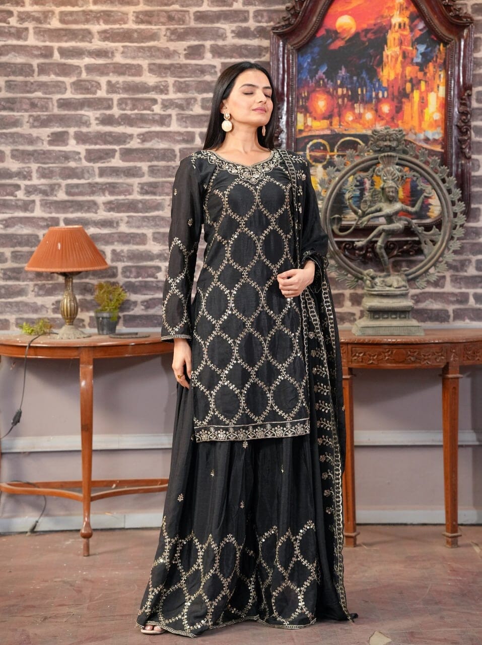 Designer Embroidered Chinon Black Sharara Suit With Sequence Embroidered Work Ready Made Designer Suits Shopin Di Apparels 