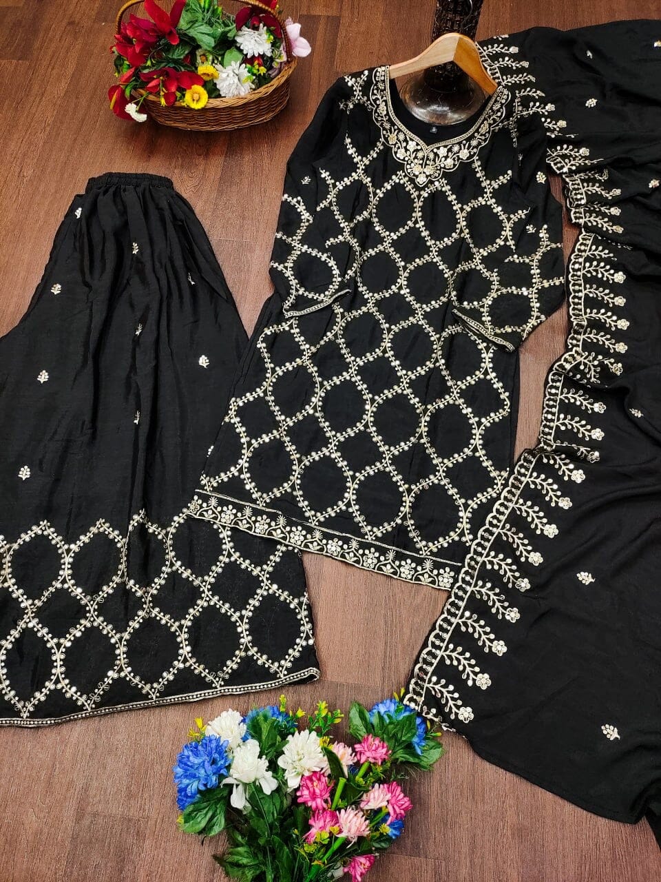 Designer Embroidered Chinon Black Sharara Suit With Sequence Embroidered Work Ready Made Designer Suits Shopin Di Apparels 