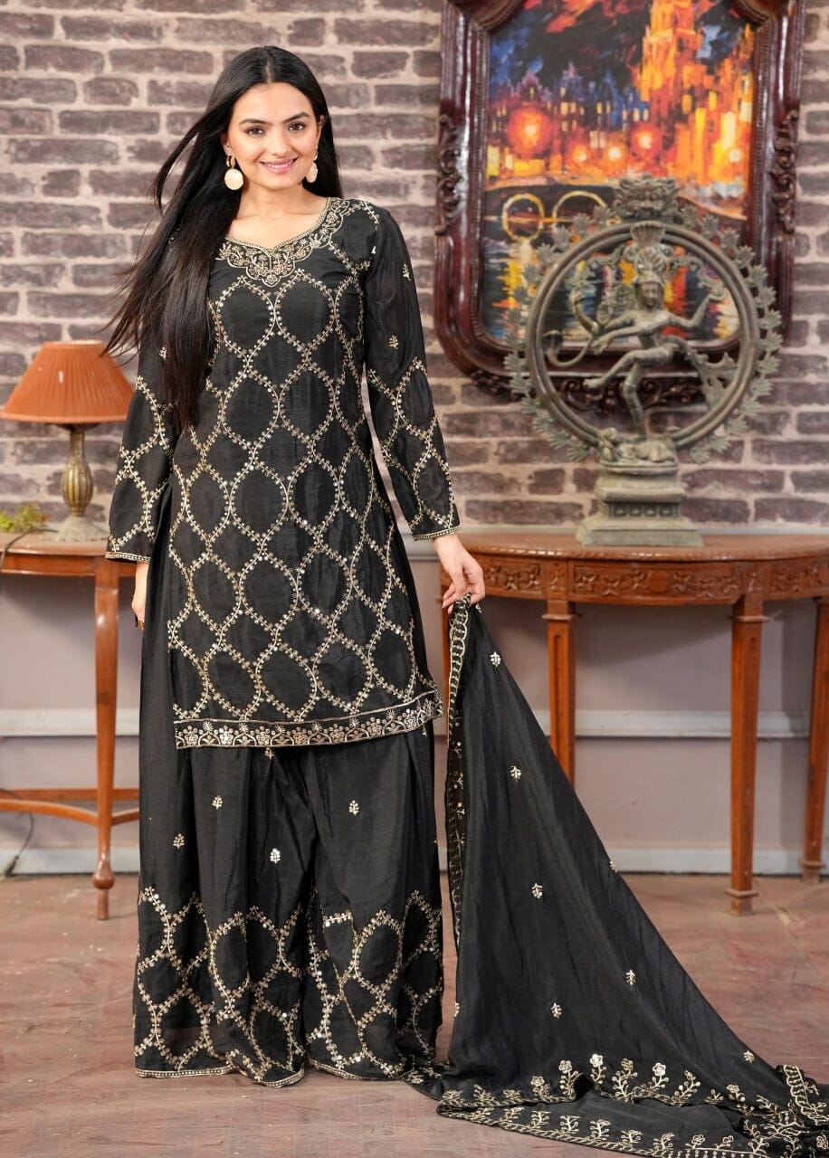 Designer Embroidered Chinon Black Sharara Suit With Sequence Embroidered Work Ready Made Designer Suits Shopin Di Apparels 